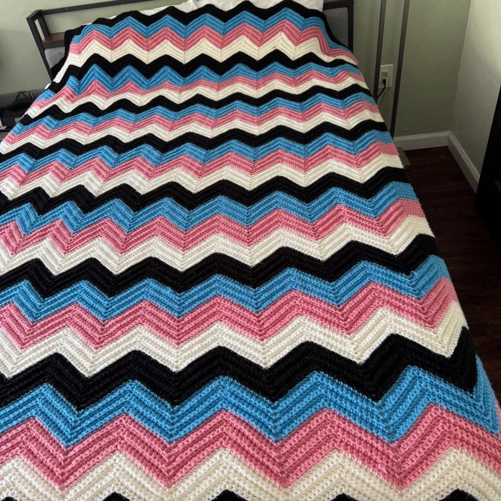 Handmade Crochet Afghan Blanket Chevron Ripple Pink Blue Black 80x132 Throw XL